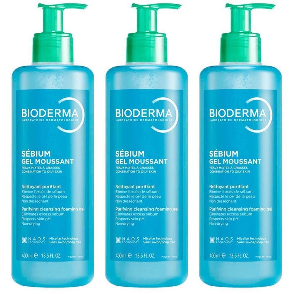 Trois flacons de Bioderma Sébium Gel Moussant avec distributeurs à pompe.