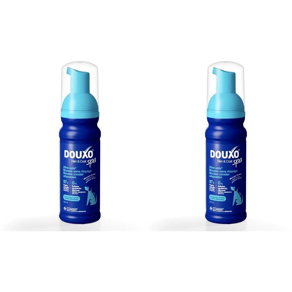 Twee blauwe Douxo Spa mousse dispensers met lichtblauwe pompkopjes en transparante dopjes.