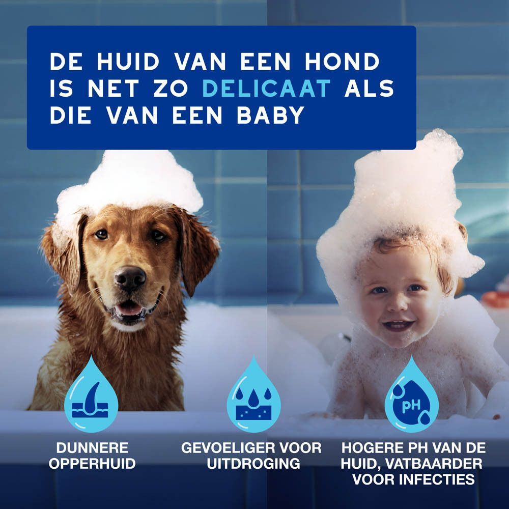 Een hond en een baby in een schuimbad. Links een hond, rechts een baby. Daaronder staan symbolen en tekst.