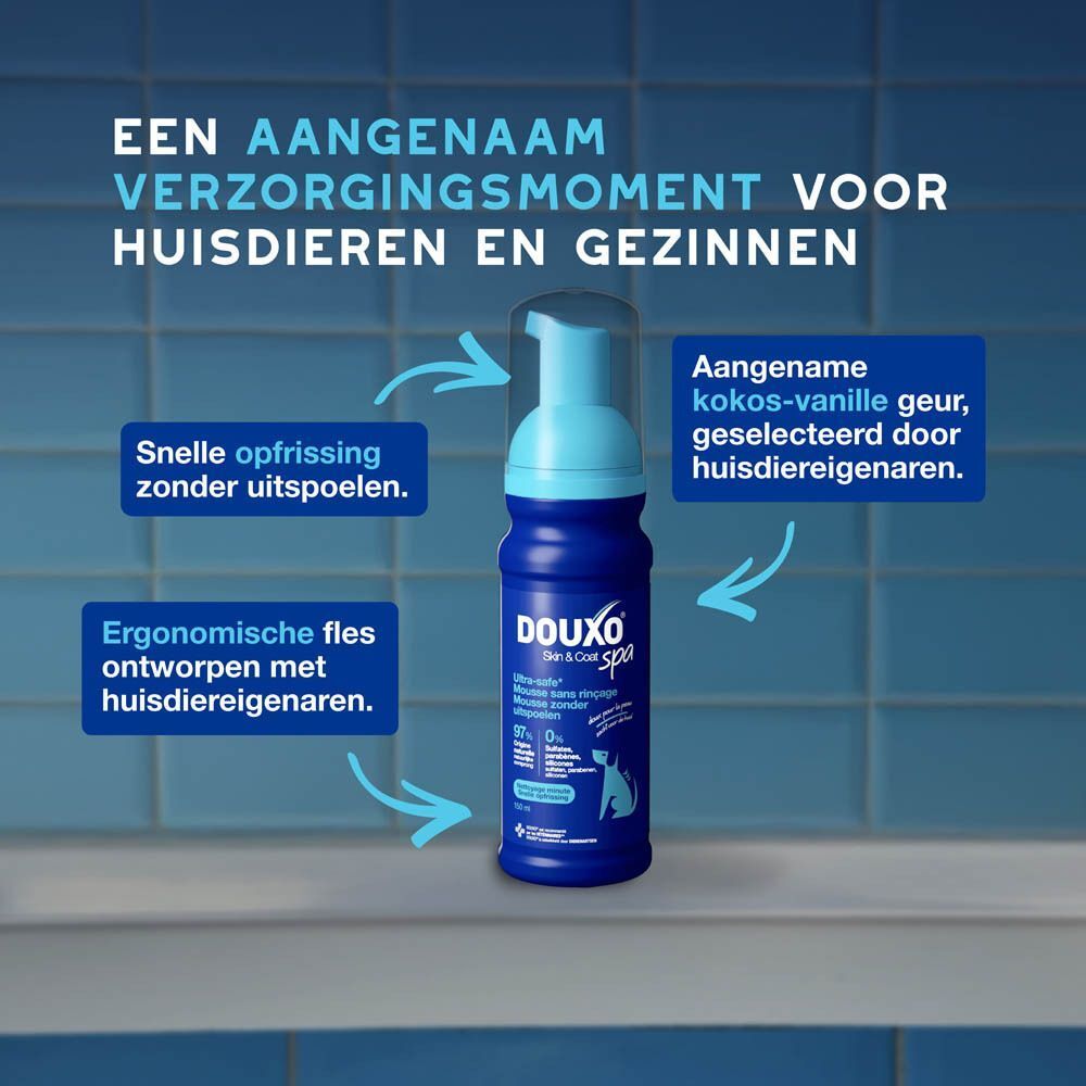 Een blauwe dispenser met lichtblauwe pomp, omringd door pijlen die naar tekstvakken wijzen.