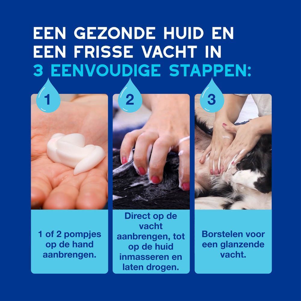 Drie stappen voor toepassing: schuim in de hand, aanbrengen op de vacht, inmasseren en drogen.