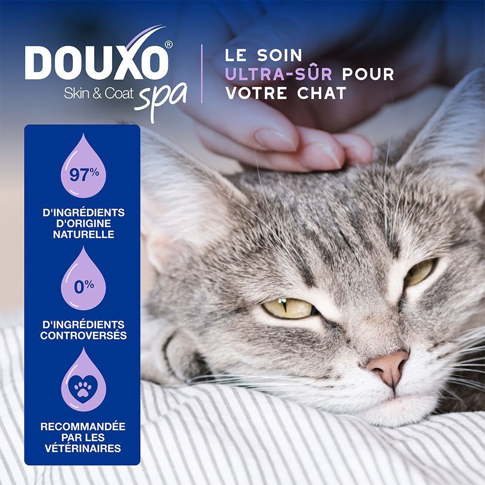 Chat caressé, avec texte sur les ingrédients naturels et la recommandation vétérinaire.