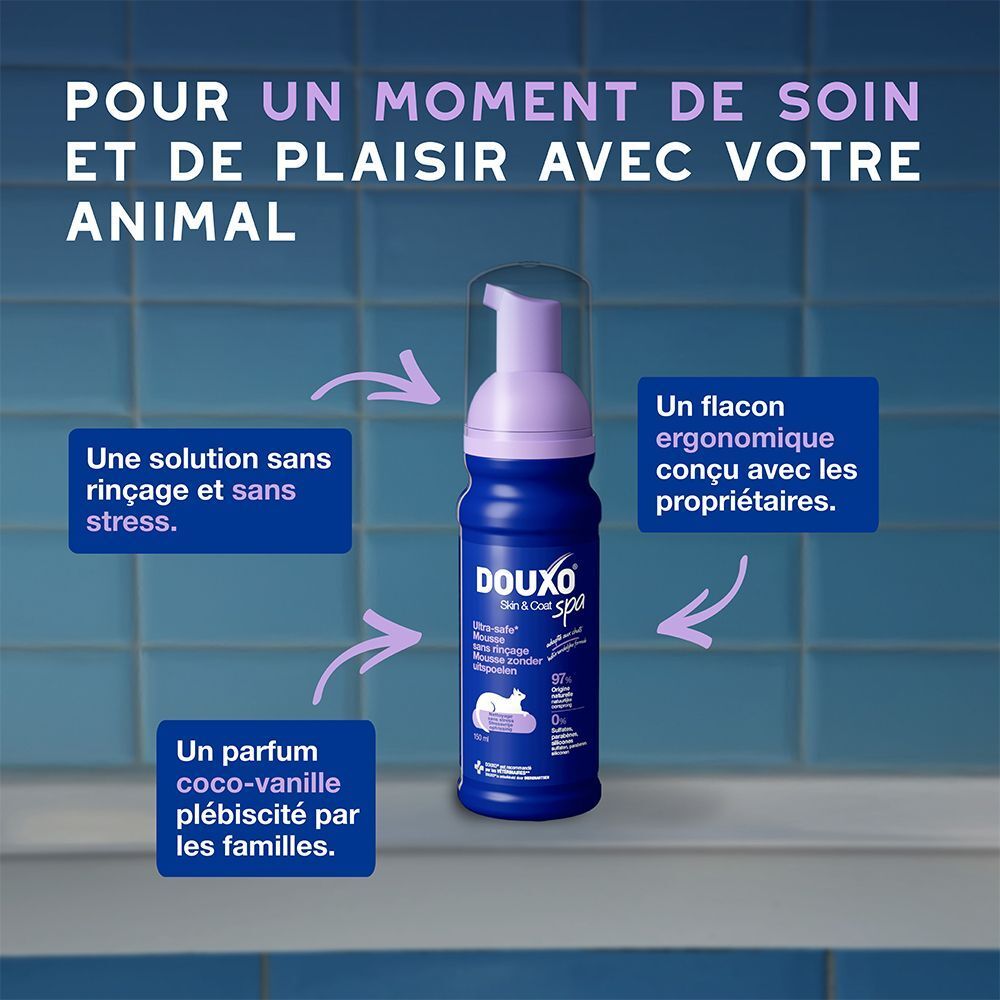 Flacon de Douxo Spa Mousse avec flèches décrivant les avantages : sans rinçage, parfum.