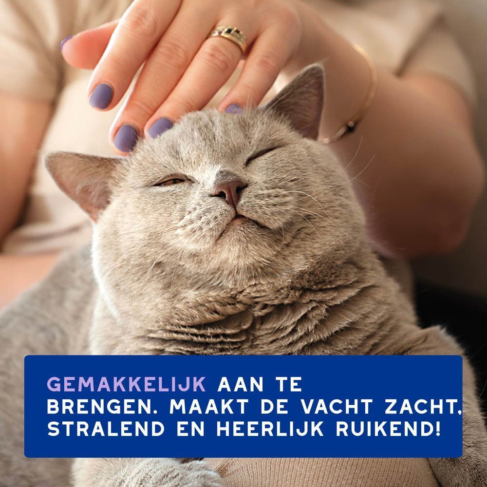 Kat geaaid, met tekst over zachte, glanzende en heerlijk ruikende vacht.