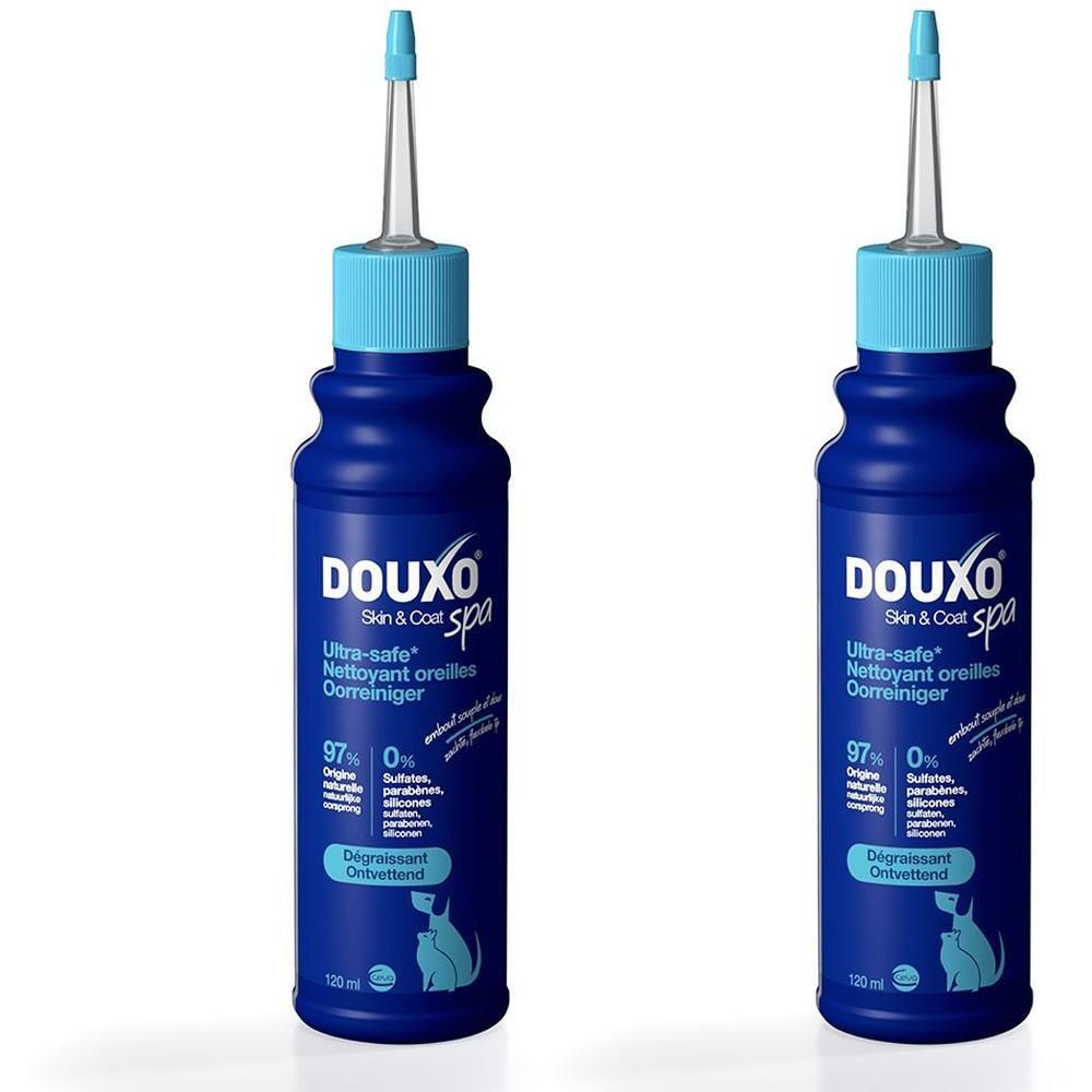Deux flacons bleus de nettoyant pour oreilles Douxo Spa avec applicateur bleu.