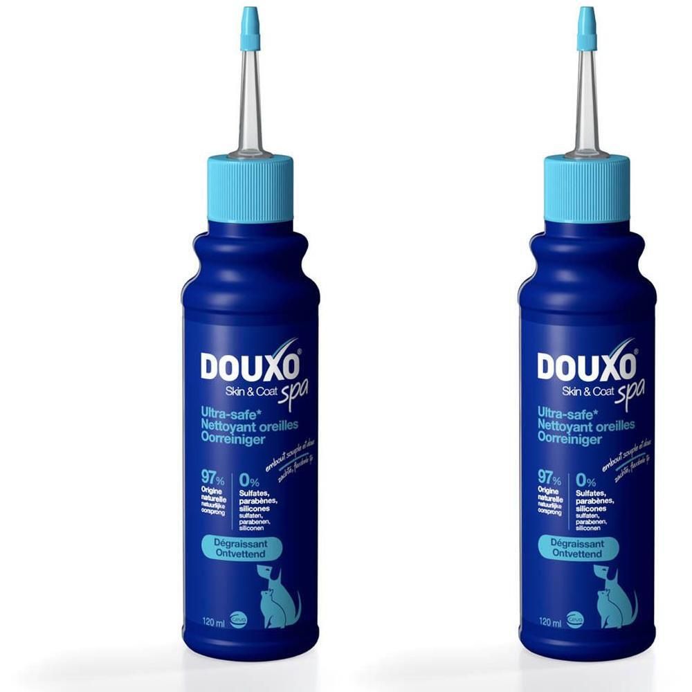 Twee blauwe flessen Douxo Spa oorreiniger met blauwe applicator.