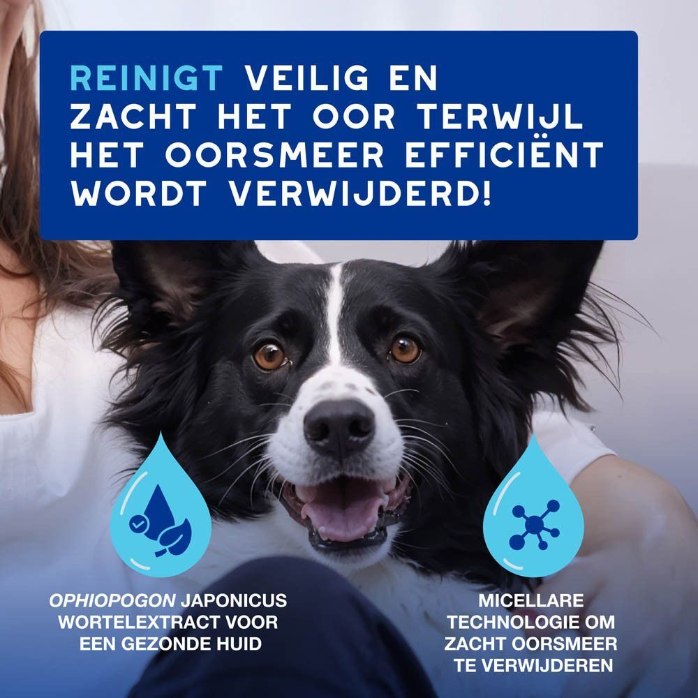 Een hond met de tekst 'Reinigt veilig en zacht het oor'.