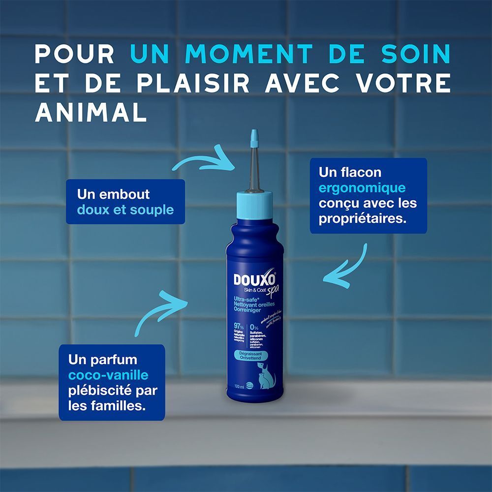 Un flacon de nettoyant pour oreilles avec des flèches indiquant des caractéristiques comme l'embout et le parfum.
