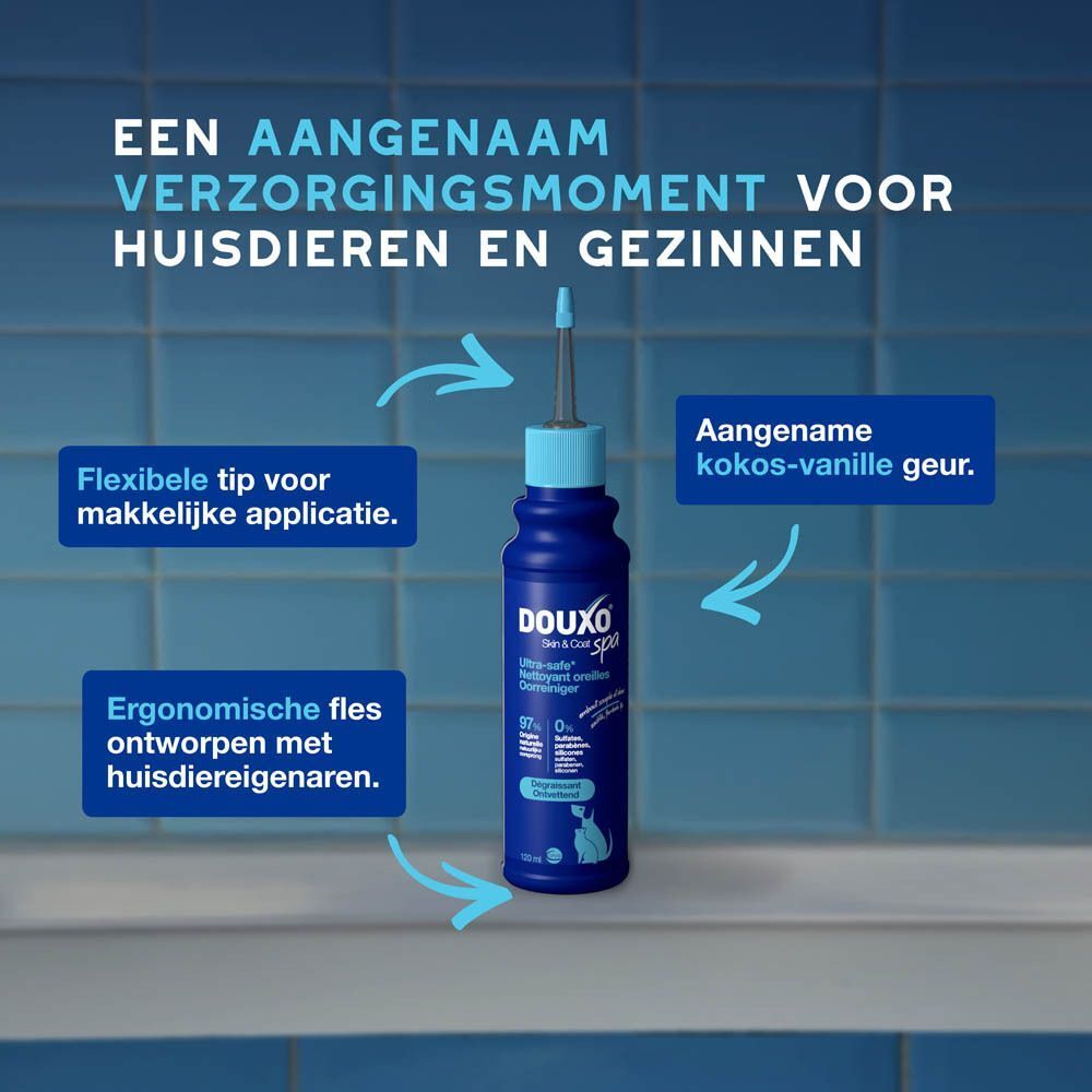 Een fles oorreiniger met pijlen die wijzen op kenmerken zoals de tip en geur.