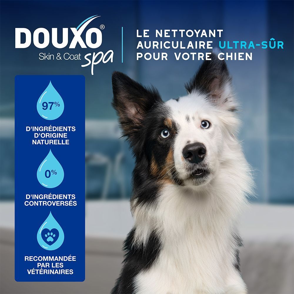 Chien avec texte sur le nettoyant auriculaire Douxo, 97% d'ingrédients naturels, recommandé par les vétérinaires.