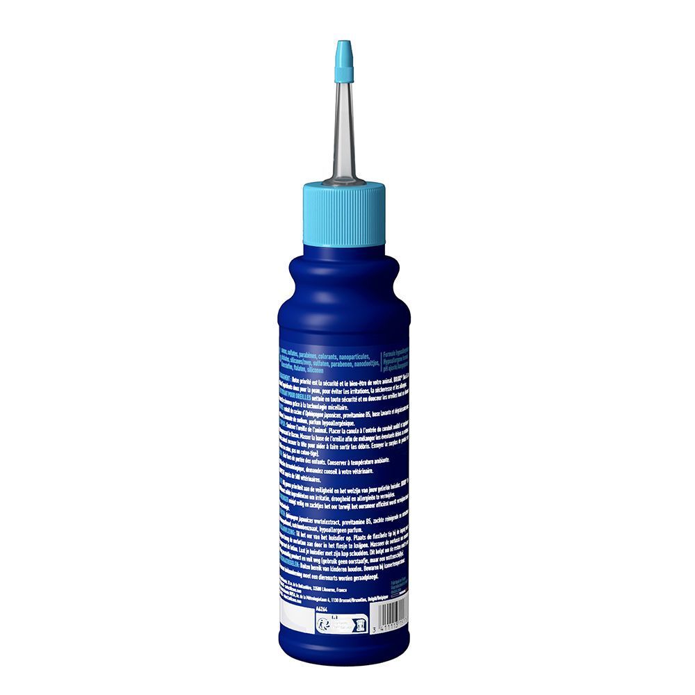Arrière d'un flacon bleu de nettoyant auriculaire Douxo avec informations détaillées.