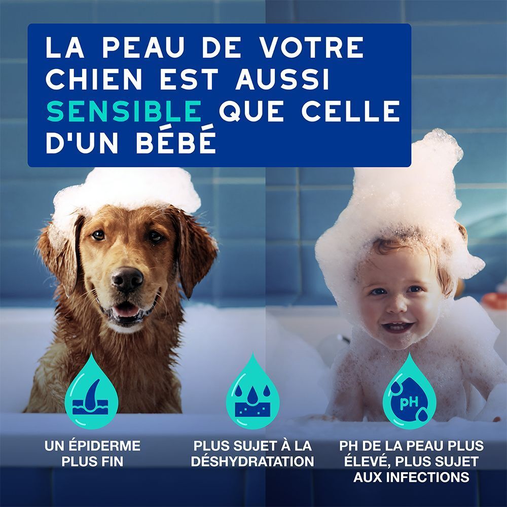 Comparaison de la peau de chien et de bébé dans la mousse, avec des icônes pour la sensibilité de la peau.