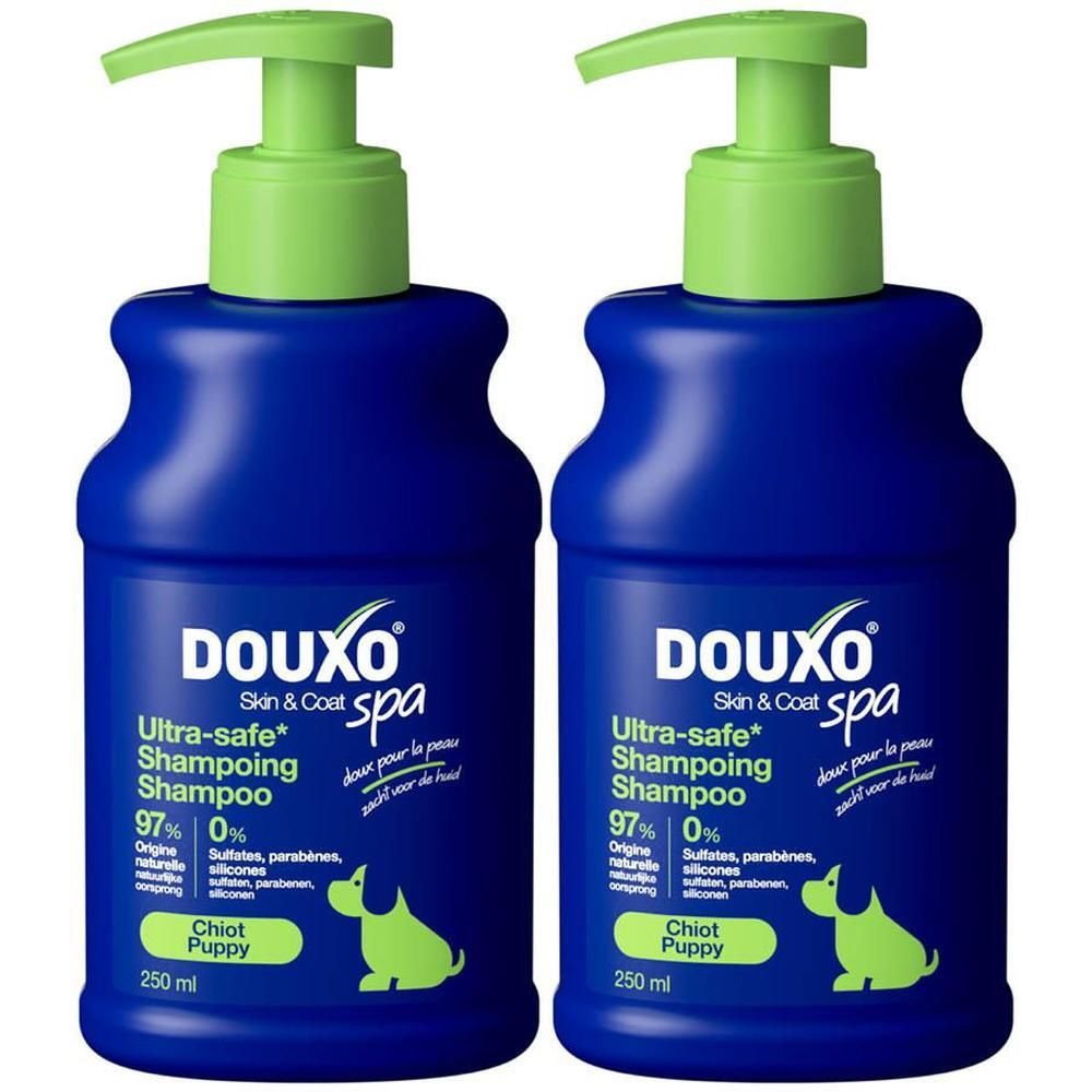Deux flacons de shampooing Douxo Ultra-Safe pour chiot.