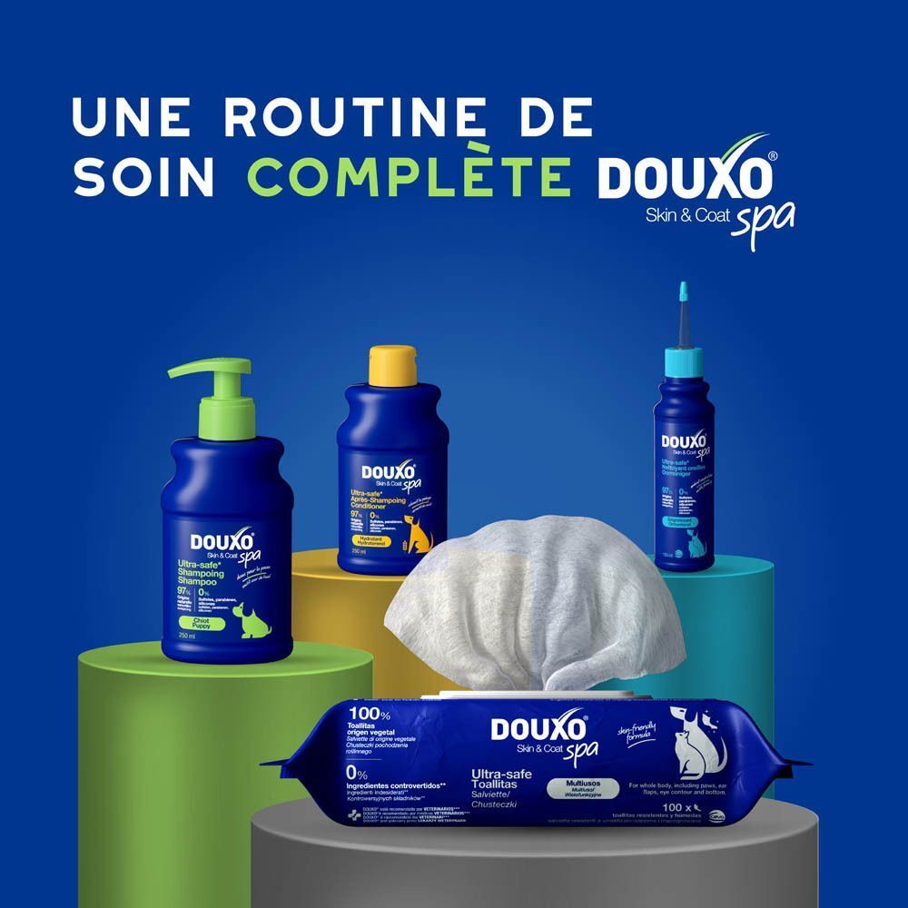 Produits de la gamme de soins Douxo Spa pour la peau et le pelage.