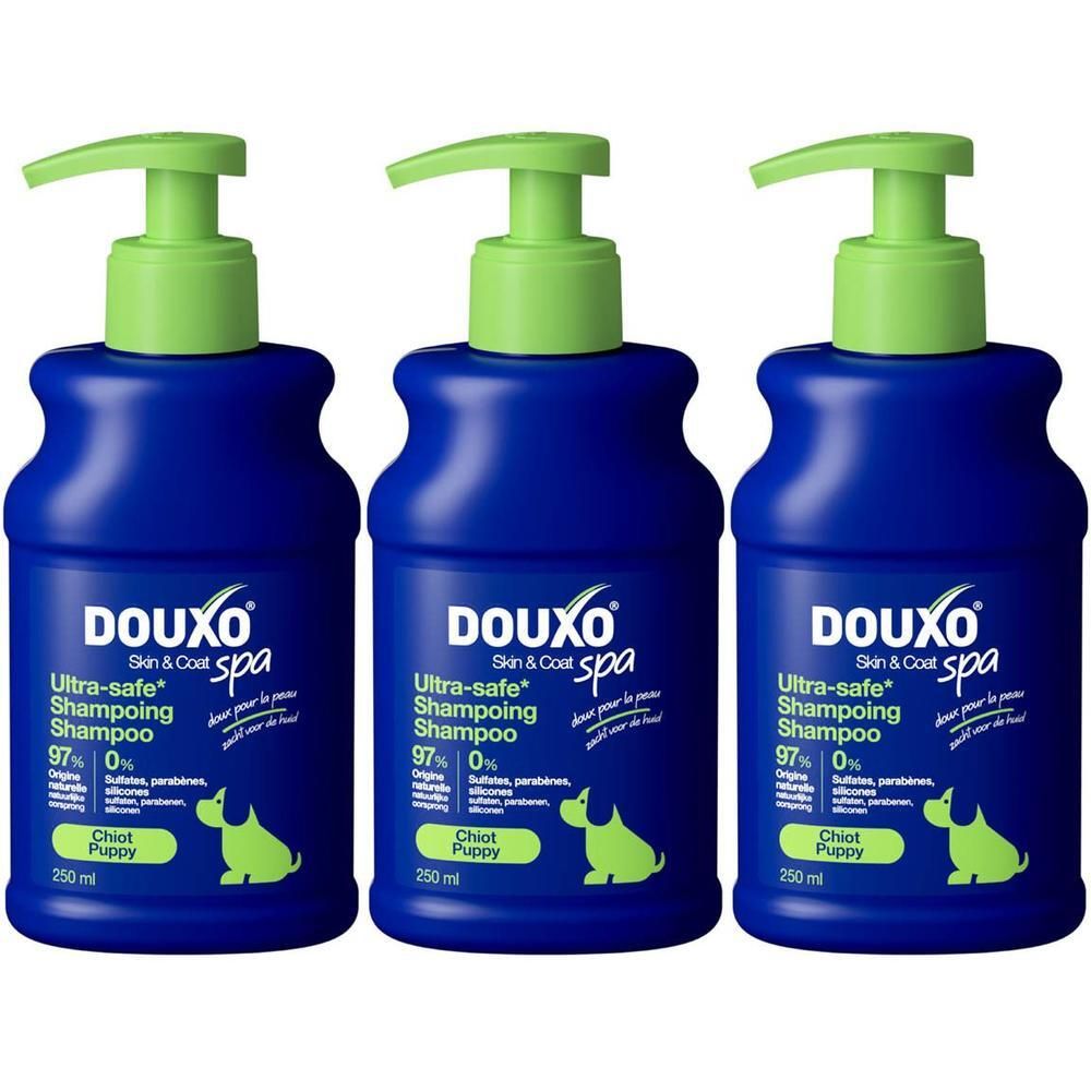 Drie flessen Douxo Spa Ultra-Safe Shampoo voor puppy.