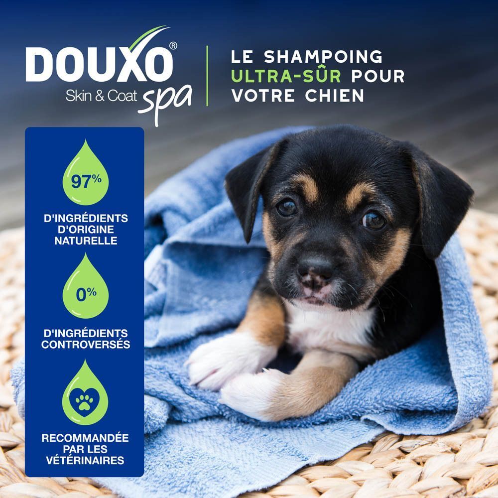 Un chiot emmailloté dans une serviette, avec des informations sur le shampooing Douxo Spa.