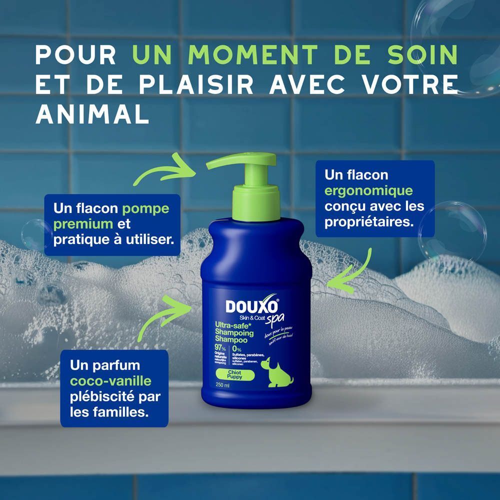Un flacon de shampooing Douxo Spa avec des indications sur son utilisation et son parfum.