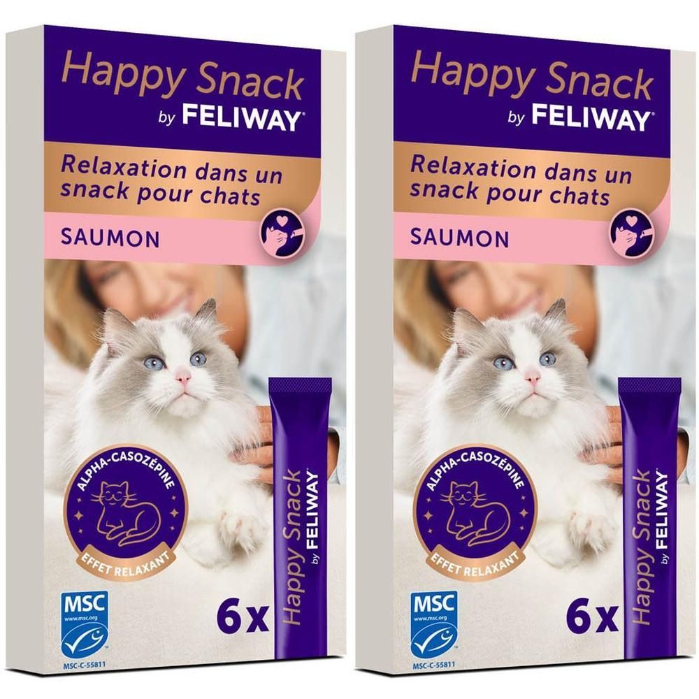 Deux boîtes Happy Snack de Feliway au saumon pour chats, 6 sticks chacune.