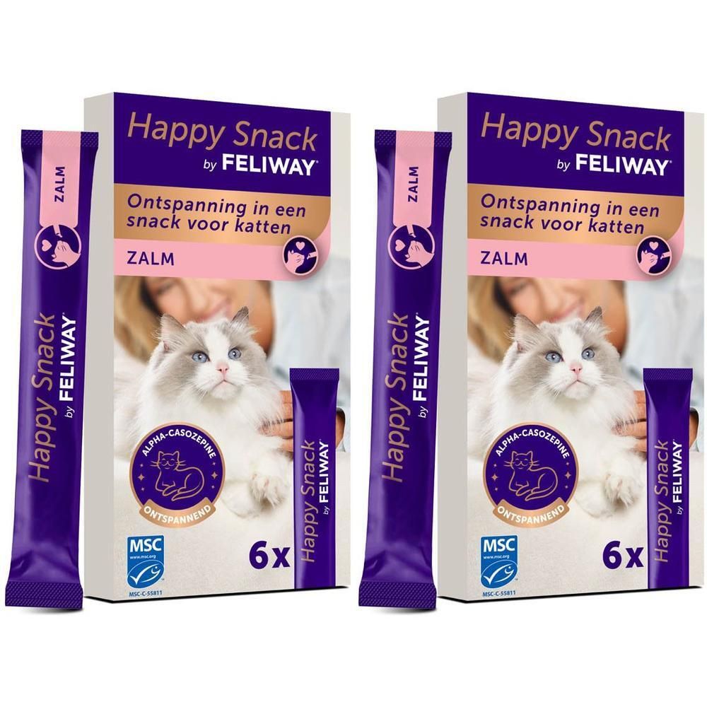 Twee pakken Happy Snack van Feliway met zalmsmaak voor katten, elk 6 stuks.