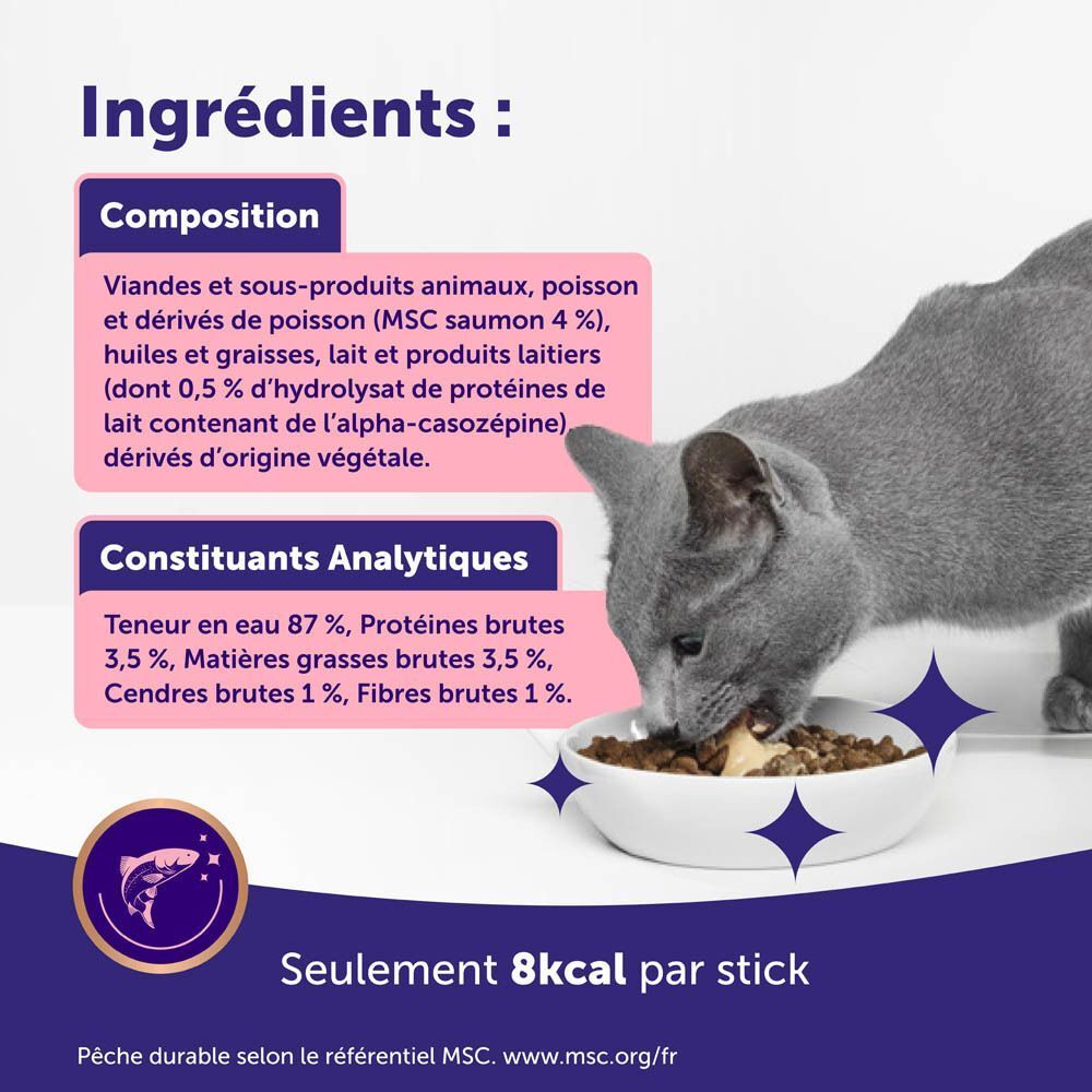 Ingrédients : Poisson (saumon 4%), hydrolysat de lait (Alpha-casozépine). Seulement 8 kcal par stick.