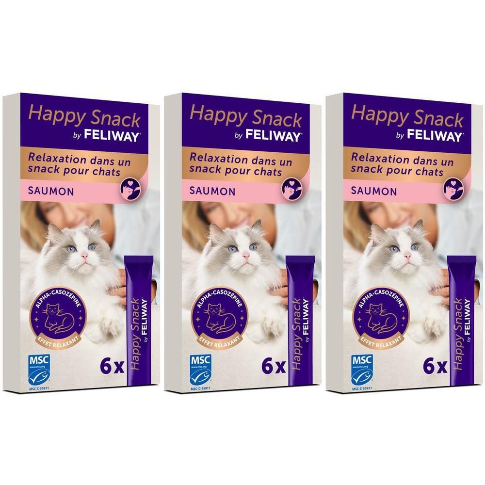 Trois paquets de Happy Snack by Feliway saumon pour chats, chacun contenant 6 sticks.