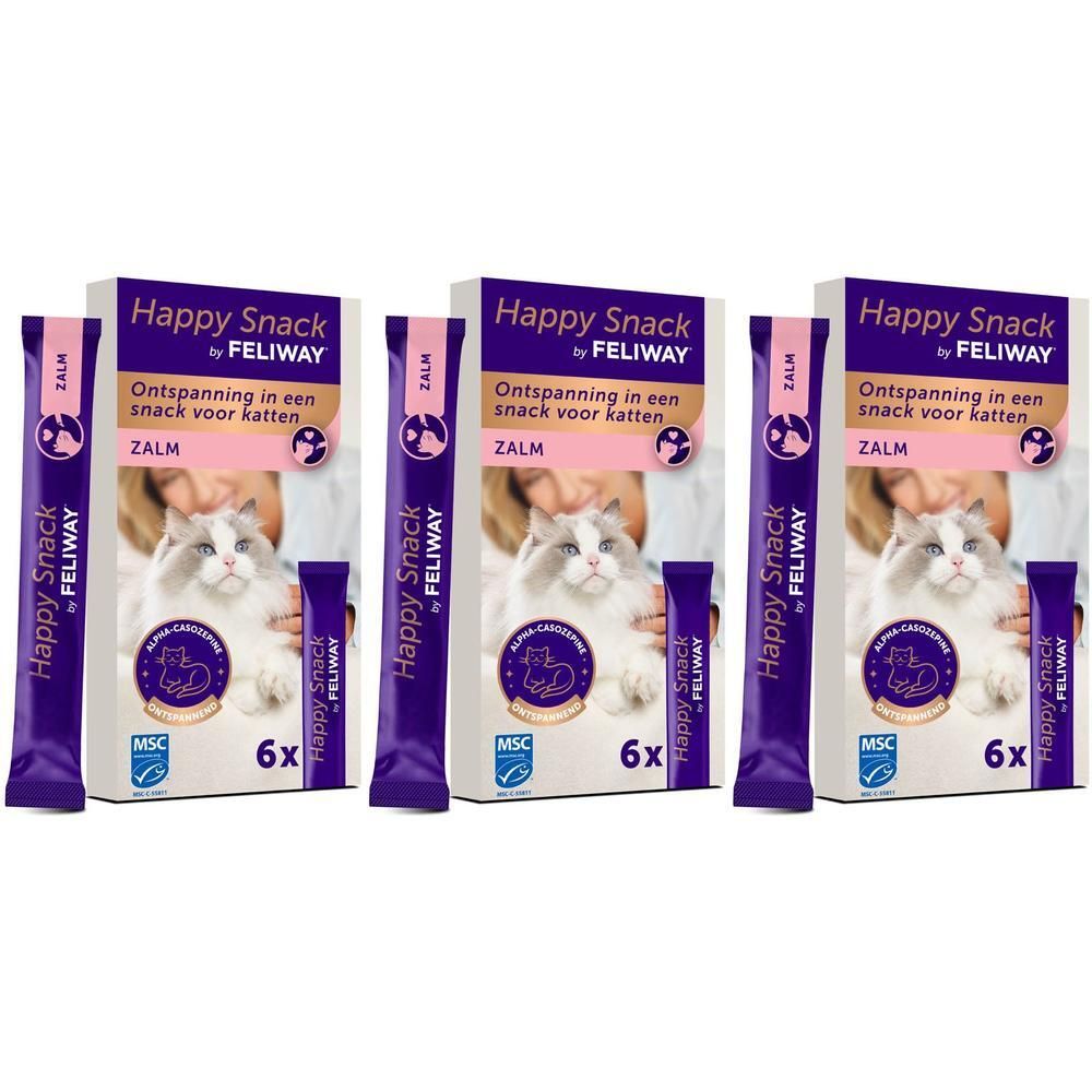 Drie pakken Happy Snack by Feliway zalm voor katten, elk met 6 sticks.
