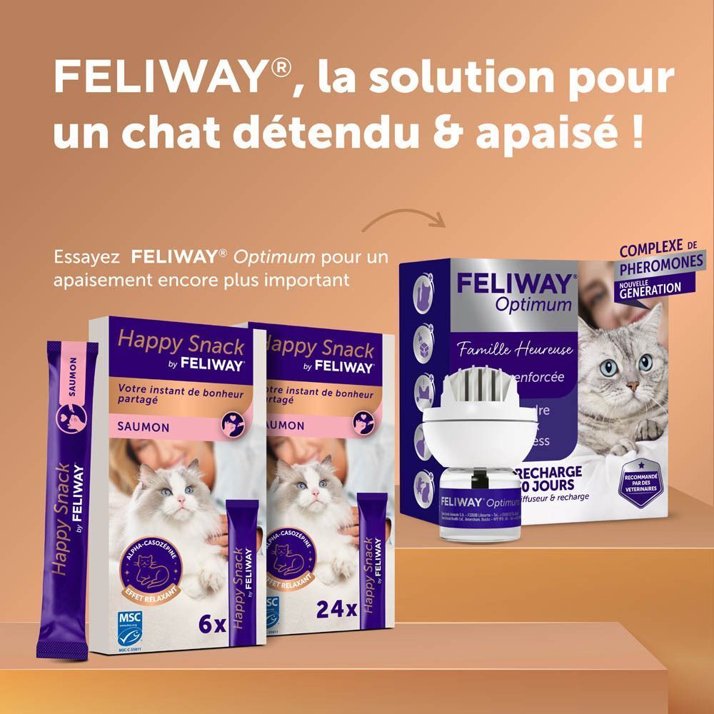 Friandises Feliway Happy Snack saumon et diffuseur Feliway Optimum.