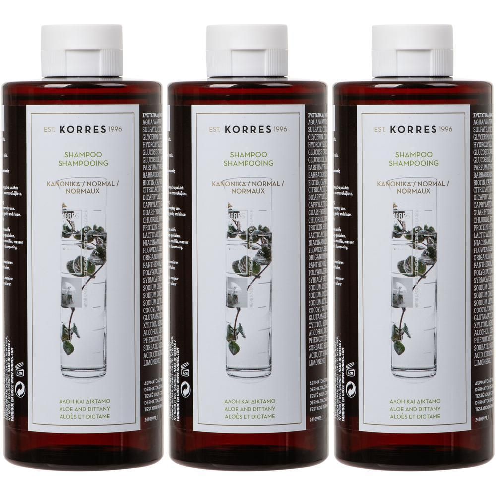 Trois bouteilles de Korres Shampooing Aloe & Dictame pour cheveux normaux. Bouteilles brunes avec étiquette blanche et bouchon blanc.