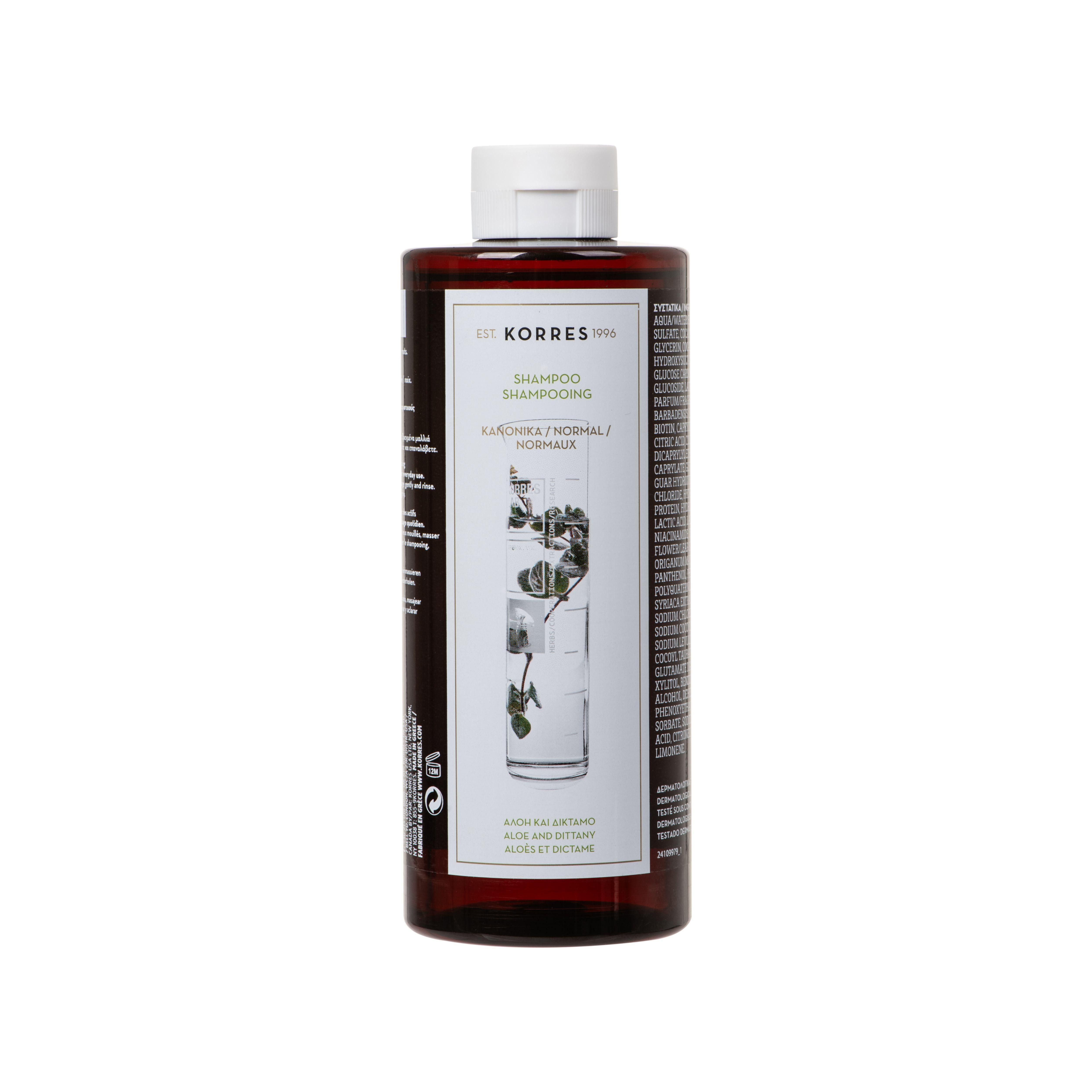 Korres Shampooing Aloe & Dictame pour cheveux normaux. Flacon brun avec bouchon blanc et étiquette.