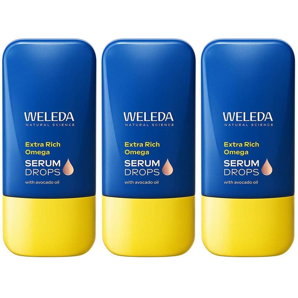 Trois flacons de sérum Weleda Omega Boost Drops à l'huile d'avocat.