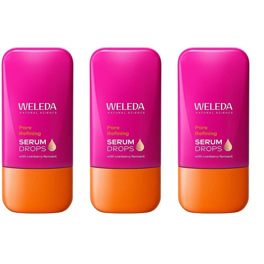 Drie Weleda Pore Refining Serum Drops flacons met roze bovenkant en oranje onderkant.