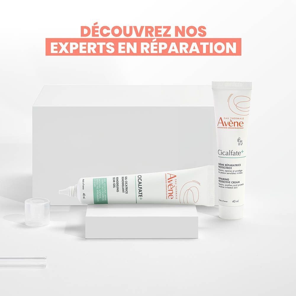 Deux tubes de crème Avène Cicalfate sur des socles blancs. Un tube est couché, l'autre debout. "Découvrez nos experts en réparation" est affiché.