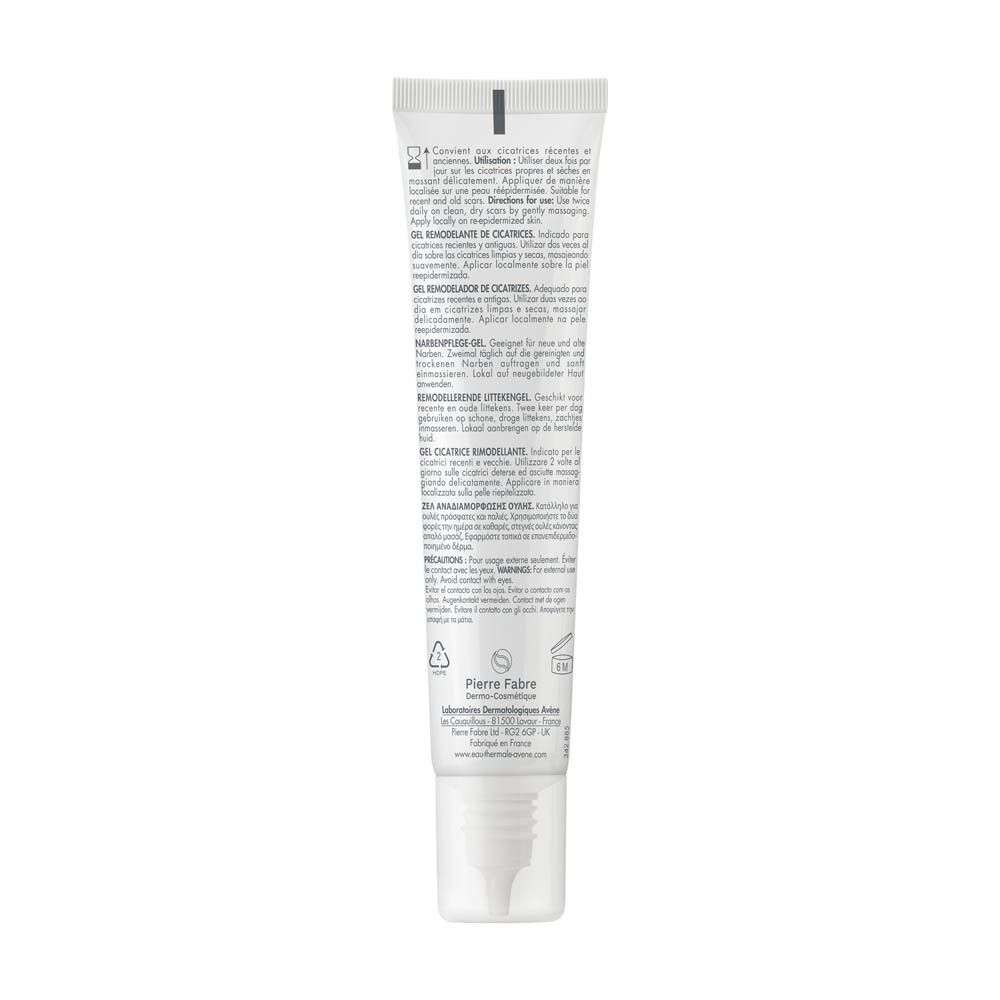 Achterkant van een tube Avène Cicalfate+ Gel Cicatrice met instructies.