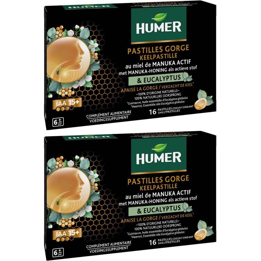 Humer Pastilles Gorge Keelpastille verpakking met 16 stuks, Manuka honing en Eucalyptus.