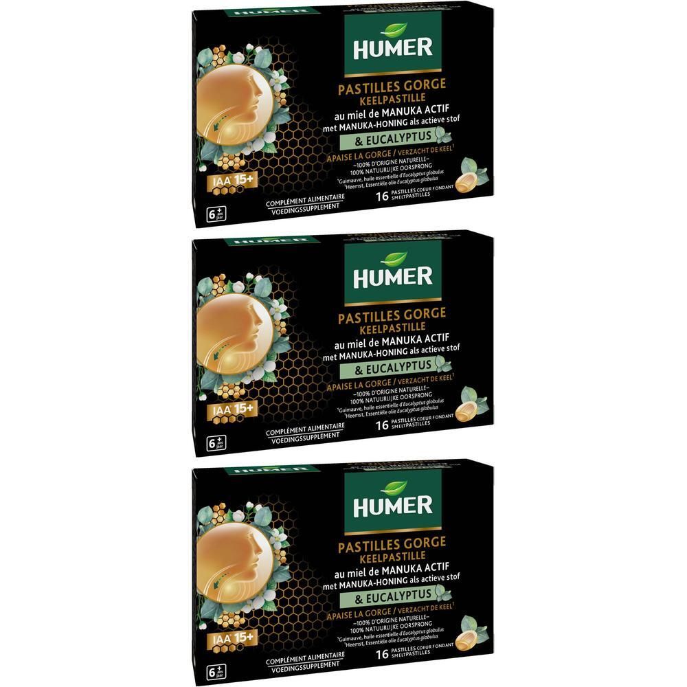 Drie pakken Humer Pastilles Gorge Keelpastille met Manuka honing en Eucalyptus.