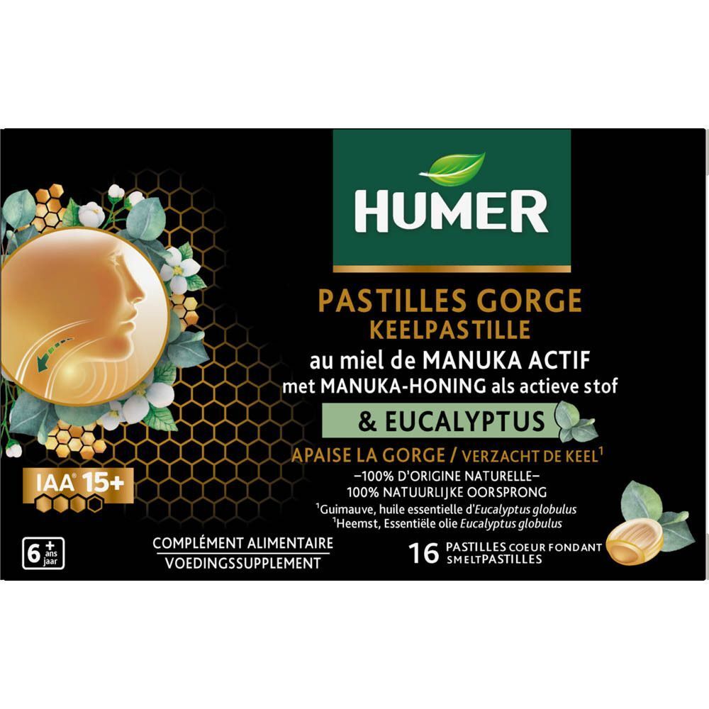 Een pak Humer Pastilles Gorge Keelpastille met Manuka honing en Eucalyptus.