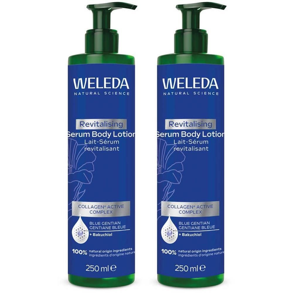 Twee flessen Weleda Revitalising Serum Body Lotion, elk 250 ml, met pompdispenser.