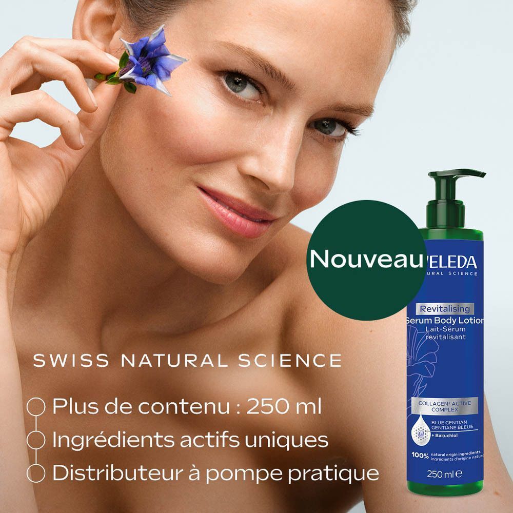 Femme tenant une fleur de gentiane. Lait-Sérum Revitalisant Weleda 250 ml, ingrédients naturels, pompe.