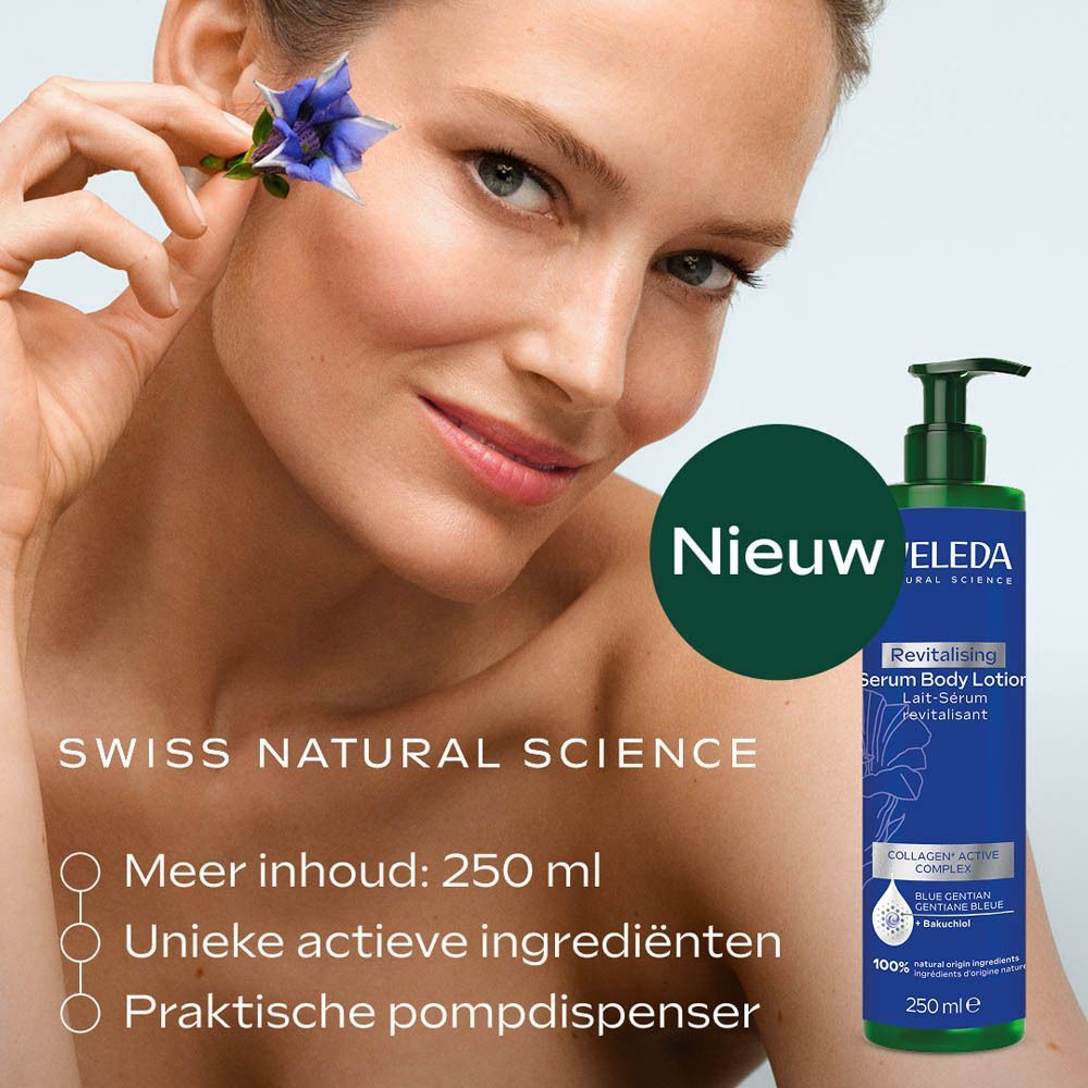 Vrouw met gentiaanbloem. Weleda Serum Body Lotion 250 ml, natuurlijke ingrediënten, pompdispenser.