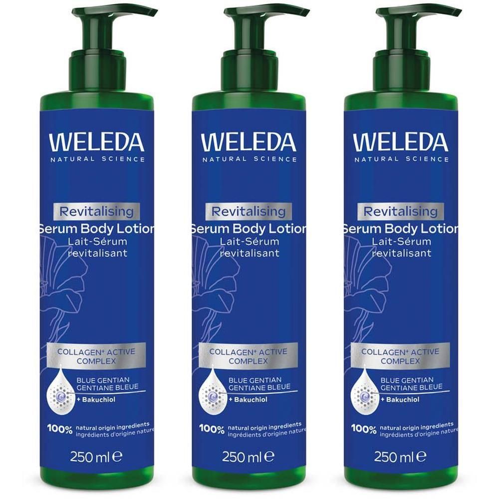 Trois flacons de Lait-Sérum Revitalisant Weleda, 250 ml.