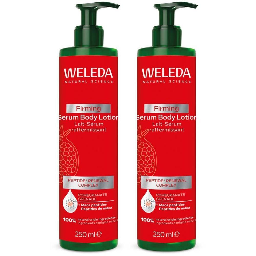 Deux flacons de Lait-Sérum Raffermissant à la Grenade Weleda avec pompe.
