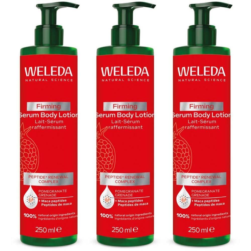 Drie flessen Weleda Granaatappel Verstevigende Bodylotion met pompdispenser, 250 ml.