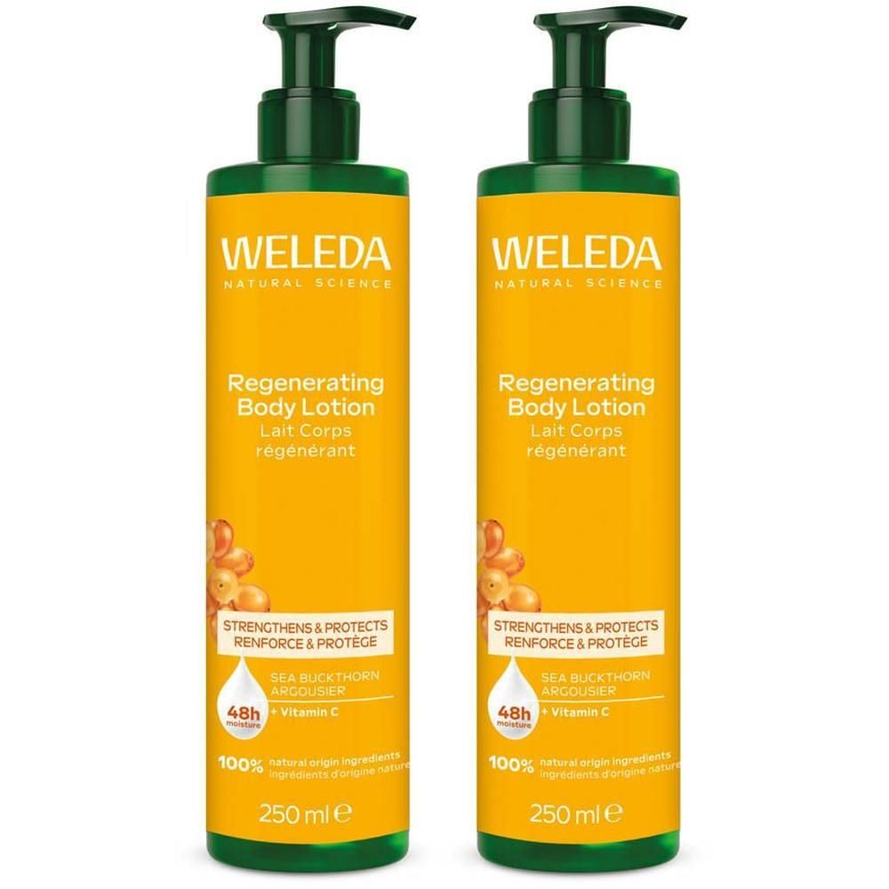 Deux flacons de Lait Corps Régénérant Argousier Weleda, 250 ml.
