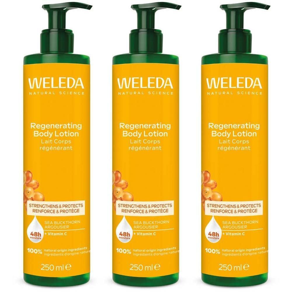 Trois flacons de Lait Corps Régénérant Weleda avec distributeur pompe, 250 ml.