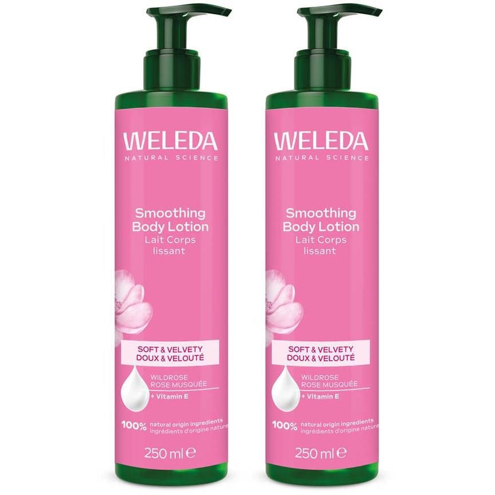 Deux flacons de Lait Corps Lissant Weleda avec pompe, 250 ml.