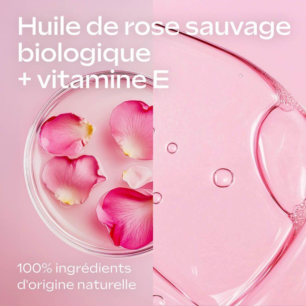 Huile de rose sauvage bio et vitamine E, 100% d'ingrédients naturels.