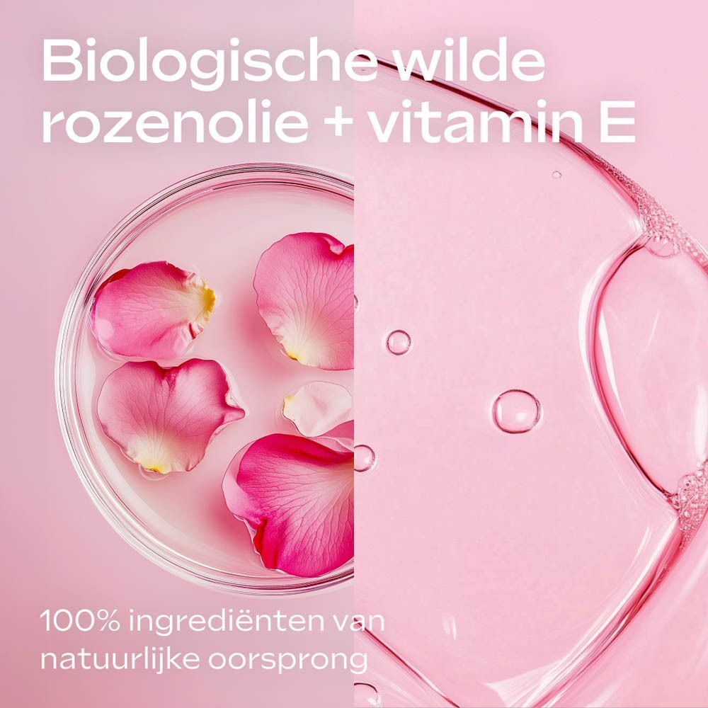 Biologische wilde rozenolie en vitamine E, 100% natuurlijke ingrediënten.