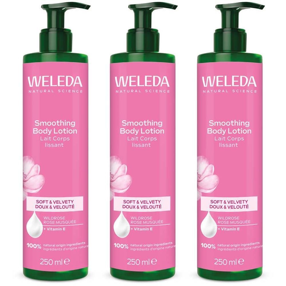 Drie flessen Weleda Gladmakende Bodylotion met pompdosering, 250 ml.