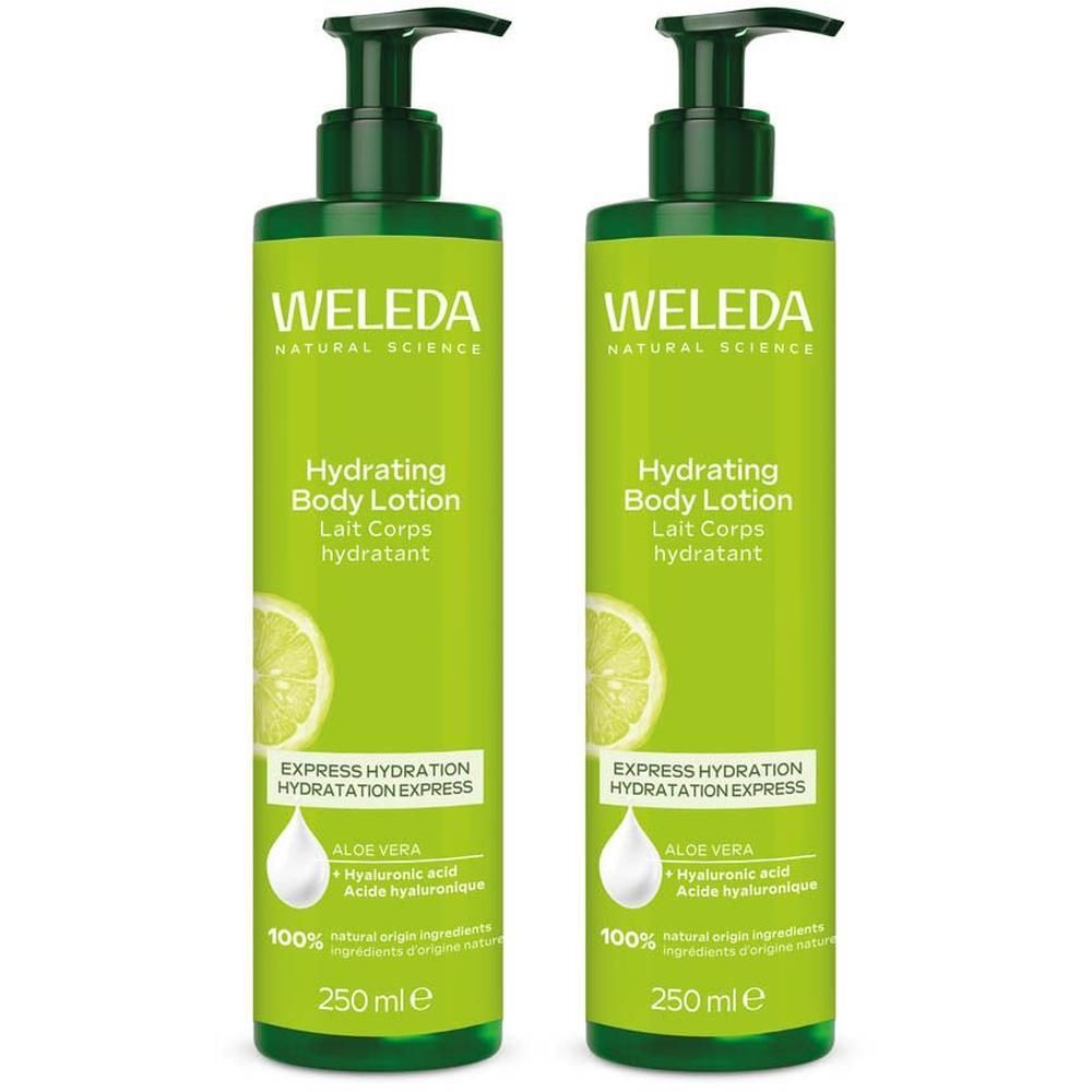 Twee groene flessen Weleda Hydraterende Bodylotion met citroengeur en aloë vera, met pompdispenser.