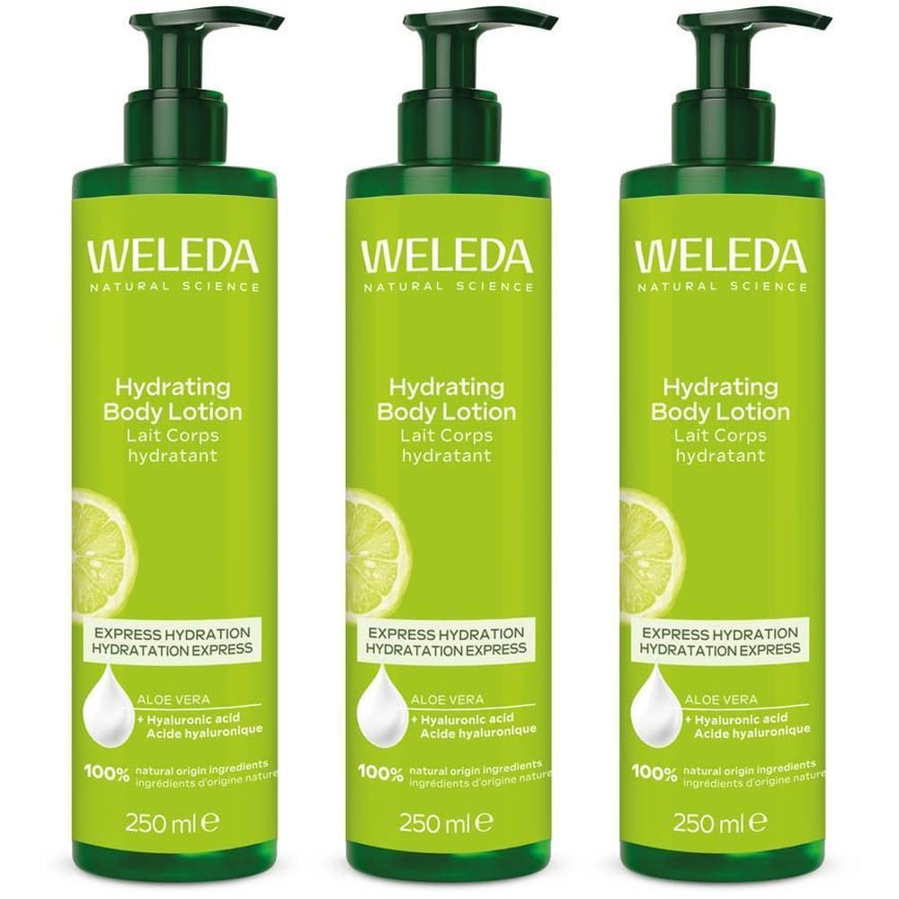 Drie flessen Weleda Hydraterende Bodylotion met Aloë Vera en Citrus.